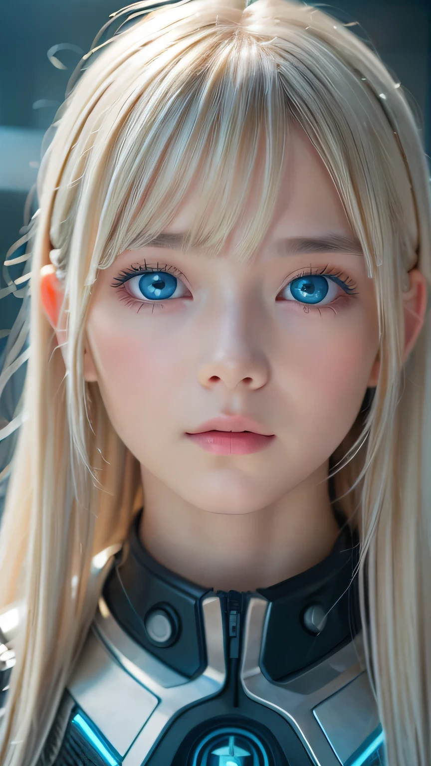 highest quality、8k Masterpiece、Ultra-high resolution、(Realistic:1.3)、RAW Photos、14 year old Scandinavian girl with shiny blonde hair、Silvery blonde hair、Super long straight hair、目とBangs between the eyes、bangs on the face、Bangs that cover the eyes、片Bangs that cover the eyes、Bangs between the eyes、White and glowing skin、1. Cyberpunk Super Beautiful Soldier、((Ultra-Realistic Details))、Portraiture、Global Illumination、Shadow Realm、Octane Rendering、8k、Ultra Sharp、Metal、Cool colors、、Very intricate detail、Realistic Light、Trends of the CG Association、so beautiful, Big bright blue eyes、Very big eyes、Eyes shining at the camera、Neon Details、Small Face Beauty、Round face、Cheek highlight