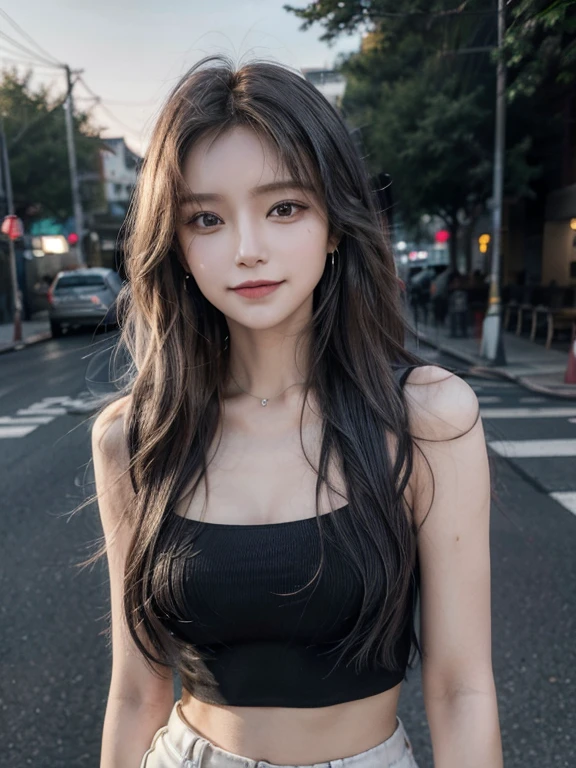 masterpiece, highest quality, High resolution,alone,Two-tone hair, Small earrings,artistic,Best lighting,casual,Flat Chest,Beautiful Face,expensive,smile,light makeup,nature,Age 24,Calm woman,Hair blowing in the wind,Blurred Background,Face Focus,Detailed Hair,Laughing woman,amount,Wavy Hair,amount,night,outside,office Street,clavicle,Pants Style