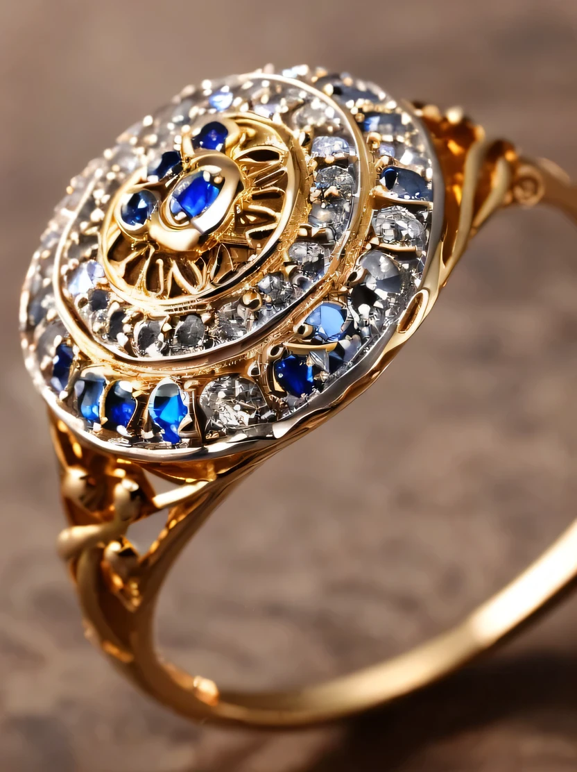 ((masterpiece、highest quality、Very detailed、High resolution、Photorealistic、Sharp focus、Cinema Lighting))、((There is no one))、One ring、Gold and silver rings、Blue Gem、Complex Pattern、Complex and unusual design、Sparkling sapphires decorate this enchanting ring、Beautiful color gradation、Background is marble table surface