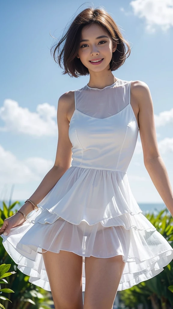 ((best quality, 8 thousand, masterpiece:1.3)), Concentrate upon: 1.2, bee waist, perfect body beauty: 1.4, ((layered haircut:1.2)), (raceway), Highly detailed face and skin texture, White skin, whole body, Looking at it, the gap is big., big bust, volume, laugh, pretty teeth, sweet, blue sky, blue sky, Crush clouds, translucent dress, wearing a wet white short dress, wearing a white dress, trendy white clothes, multi-layered outfit, wearing a cute white dress