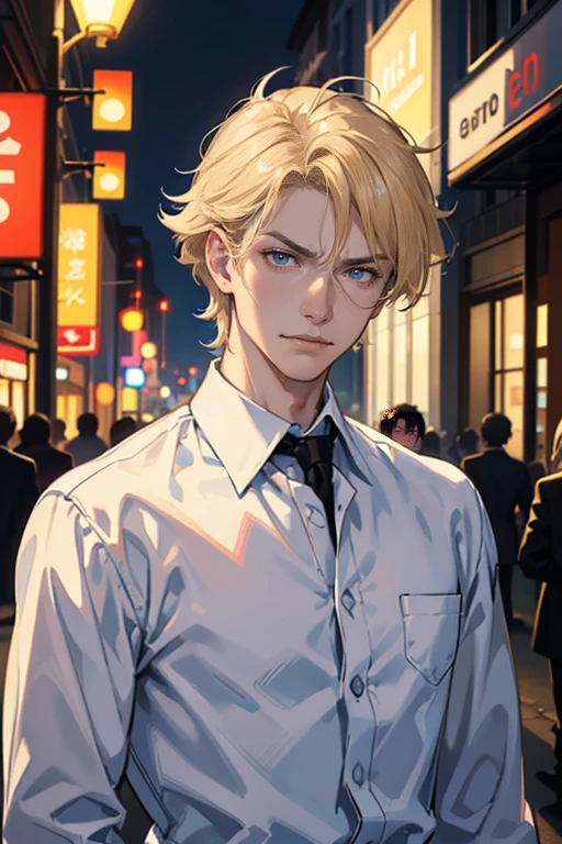 (tmasterpiece, high resolution, ultra - detailed:1.0), (1 boy, Young male, masculine face), Perfect male body, tall and strong, Adult male, Delicate eyes and delicate face, Extremely detailed CG, Unity 8k wallpaper, Complicated details, Detailed face, (blond hair, messy hair, serious faces, white shirts,Bad students), (frown,evil smile:1.3), Outdoor, (Street at night), street style, color difference, Depth of field, dramatic shadow, Ray tracing, Best quality, Cinematic lighting, offcial art,Portrait