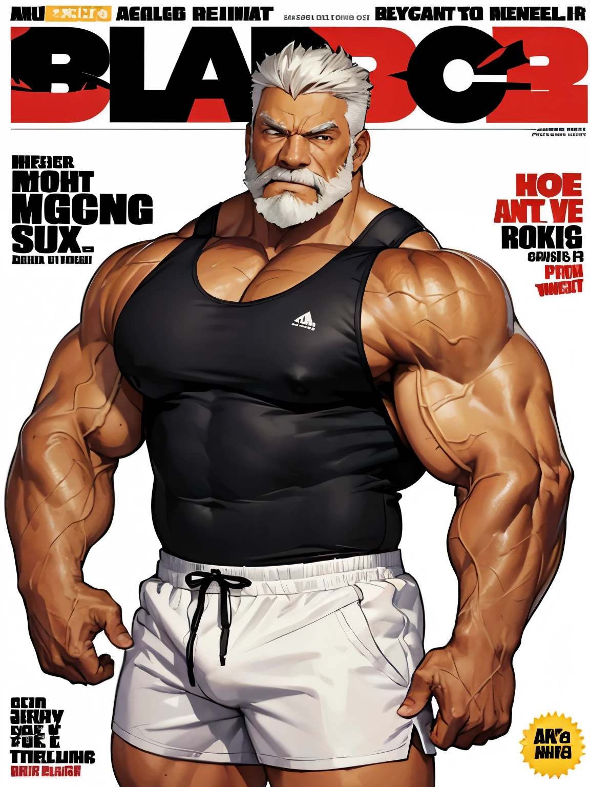 (magazine cover), with text, solo, 1boy, (Huge Muscular Old man as a boxer , wearing shorts, and tank top) (short hair), pectoral, abnormal muscle size, very big muscle, absurdly muscle size, huge pectoral, wide pectoral, (bara pecs: 1.3), short white hair, short bearded, simple background, masterpiece, high detailed, 8k, high resolution, --style 250, -- v 6.0