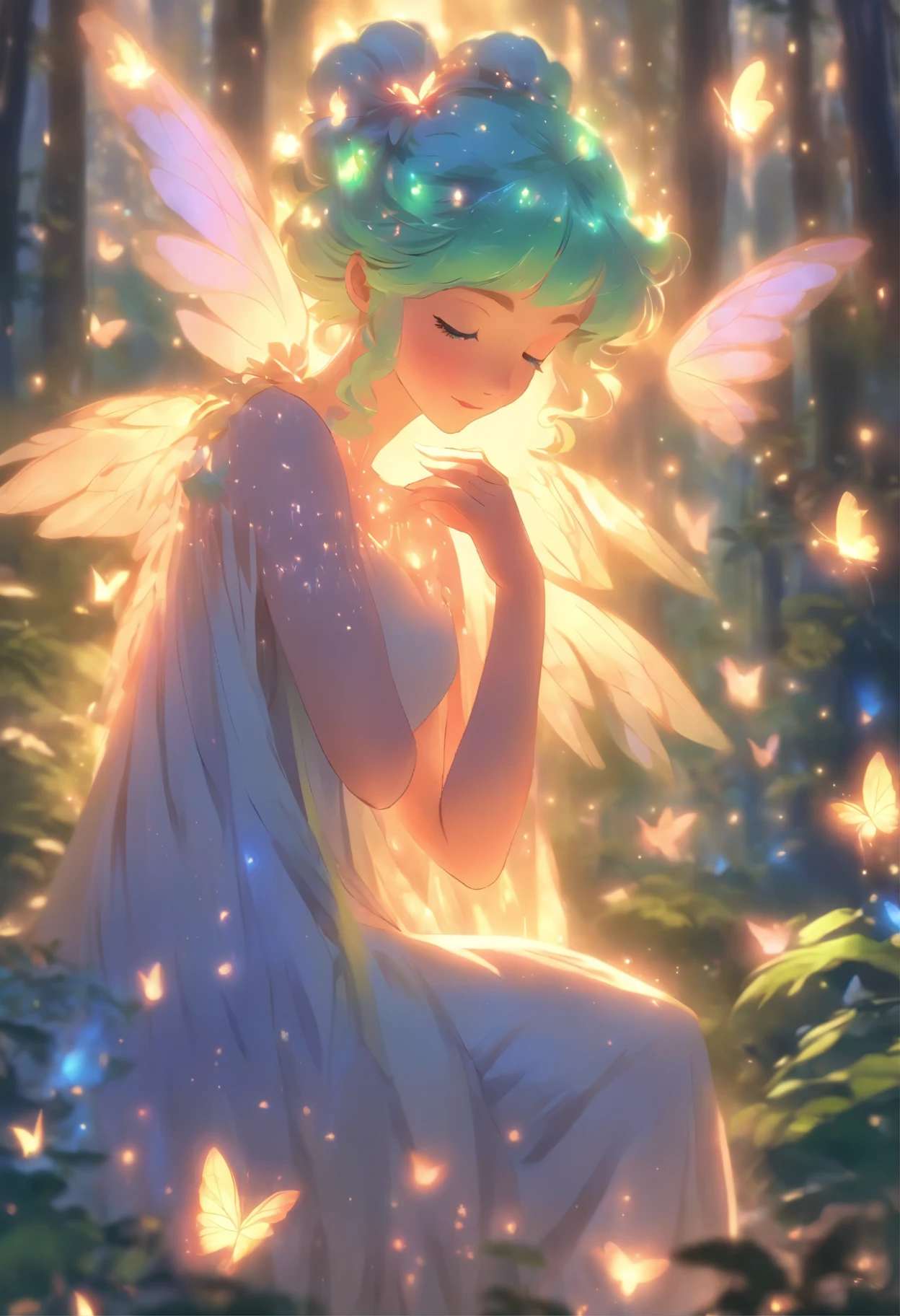 (best quality,4k,8k,highres,masterpiece:1.2),ultra-detailed,(realistic,photorealistic,photo-realistic:1.37),forest nymph elemental with glowing wings, made of leaves and nature,ethereal glow,pure,sublime,greenery,dreamy environment,magical enchantment,delicate and intricate leaf patterns,harmonious blending with surroundings,reflections of sunlight on wings,glimmering and radiant glow in the dark,serene and graceful posture,summoning the powers of nature,tiny sparkling dewdrops on wings,soft and gentle color palette,air of mystery and enchantment,subtle hints of magic in the air,whispering winds and rustling leaves,connection with trees and plants,strong connection with the forest,overflowing with natural energy,pristine beauty and innocence,evokes a sense of wonder and awe,graceful and fluid movement,natural and organic aesthetics,celestial and ethereal presence,rays of sunlight filtering through the forest canopy,fairy-like features,wise and ancient aura,enchanted and untamed forest realm,magic in every step and flutter,delicate and ephemeral,illuminating the darkest corners of the forest,close bond with animals and creatures of the forest,peaceful and tranquil atmosphere,deep sense of harmony between nature and the nymph,whispering secrets of the forest,each leaf intricately designed and vibrant with life,overwhelming sense of tranquility and serenity,sprightly and playful spirit.