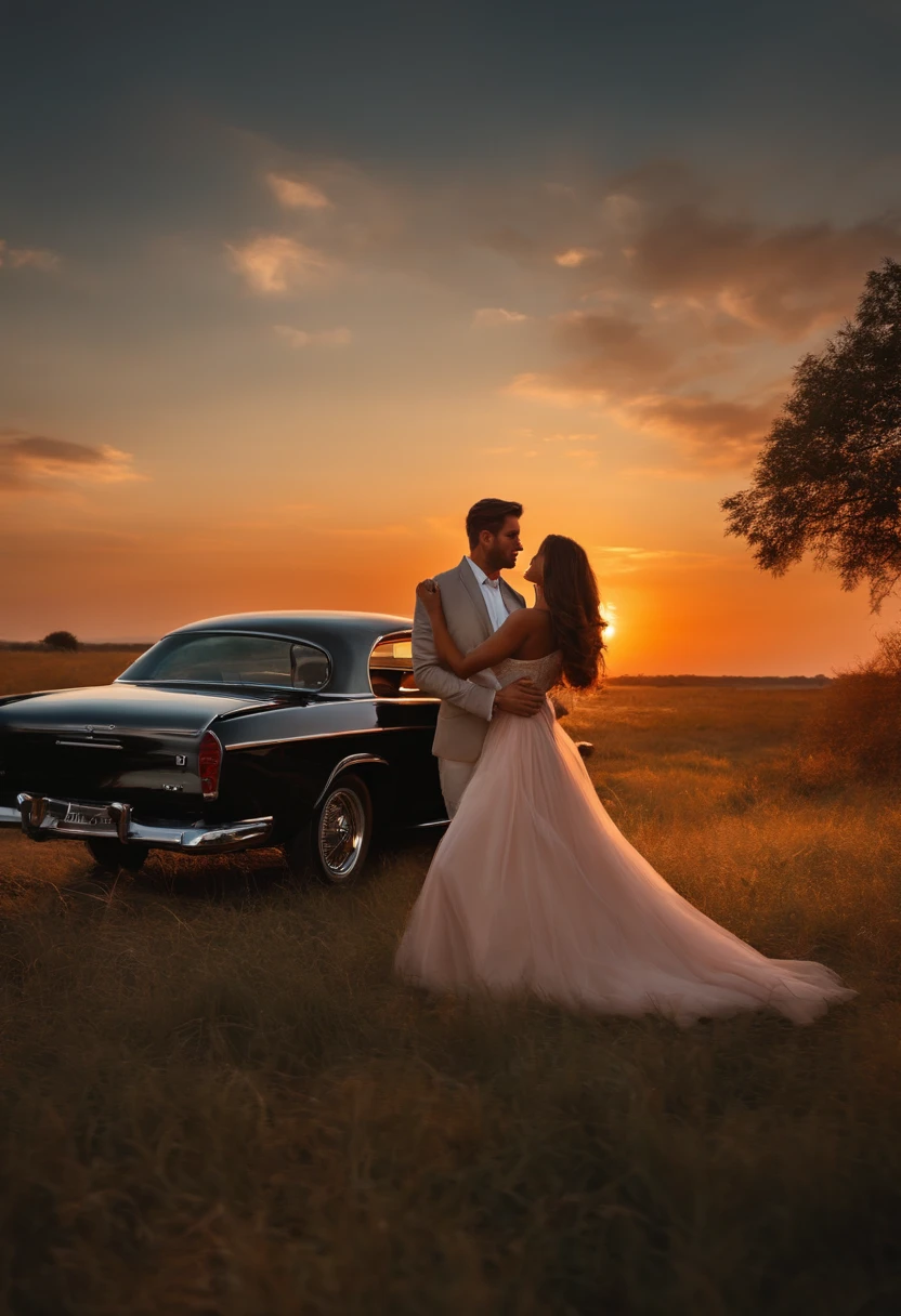 Handsome real man with beautiful real women standing with the car in a serene evening scene with a beautiful sunset in nature."