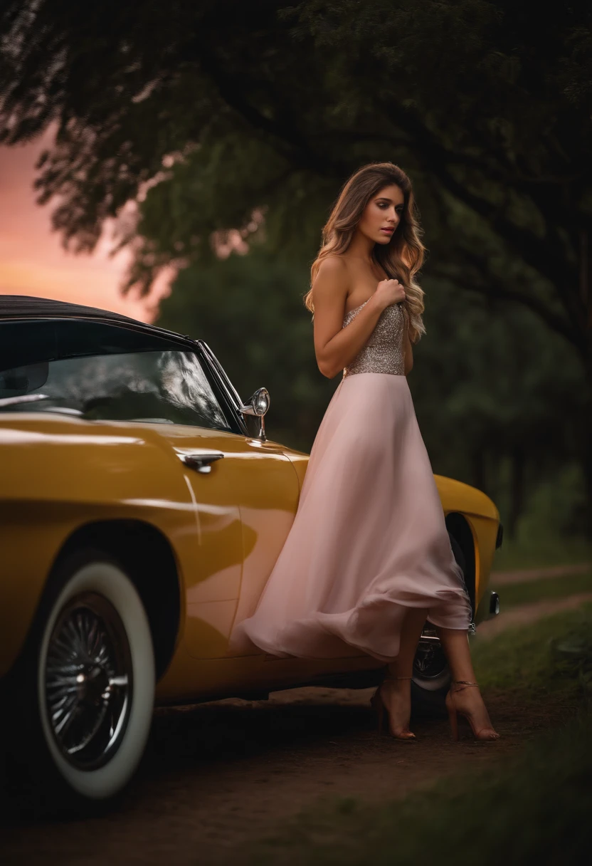 Handsome real man with beautiful real women standing with the car in a serene evening scene with a beautiful sunset in nature."