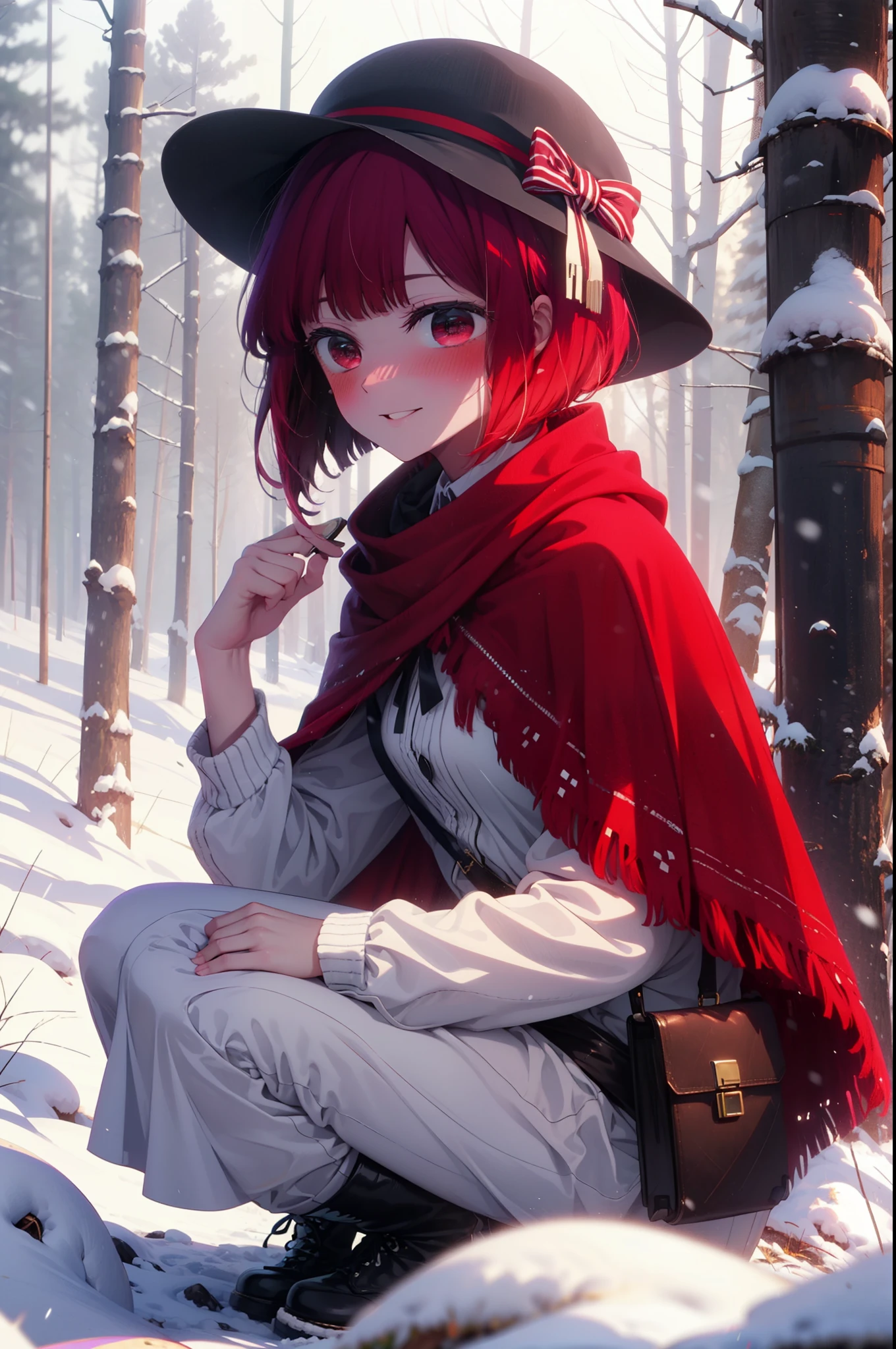 canary, Arima etc.., short hair, bangs, (Red eyes:1.3), Redhead, Bobcut, smile,Small breasts,
break hat, dress, ribbon,hair band,smile,blush,White Breath,
Open your mouth,snow,Ground bonfire, Outdoor, boots, snowing, From the side, wood, suitcase, Cape, Blurred, , forest, White handbag, nature, Squat, Mouth closed, Cape, winter, Written boundary depth, Black shoes, red Cape break looking at viewer, Upper Body, whole body, break Outdoor, forest, nature, break (masterpiece:1.2), highest quality, High resolution, unity 8k wallpaper, (shape:0.8), (Beautiful and beautiful eyes:1.6), Highly detailed face, Perfect lighting, Highly detailed CG, (Perfect hands, Perfect Anatomy),