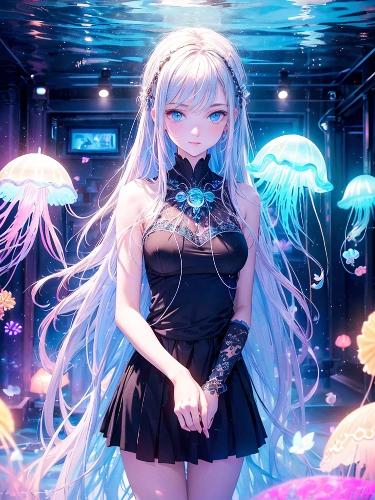 (​masterpiece),(top-quality:1.2),1girl,beautiful detailed blue eyes,light smile,vibrant colors,soft tones, cool atmosphere, gentle lighting,jellyfish glowing neon under the black light,dimly lit room of an aquarium indoors,black light art,bokeh,film lighting,depth of written boundary,create an ethereal atmosphere like a dream,spiritual