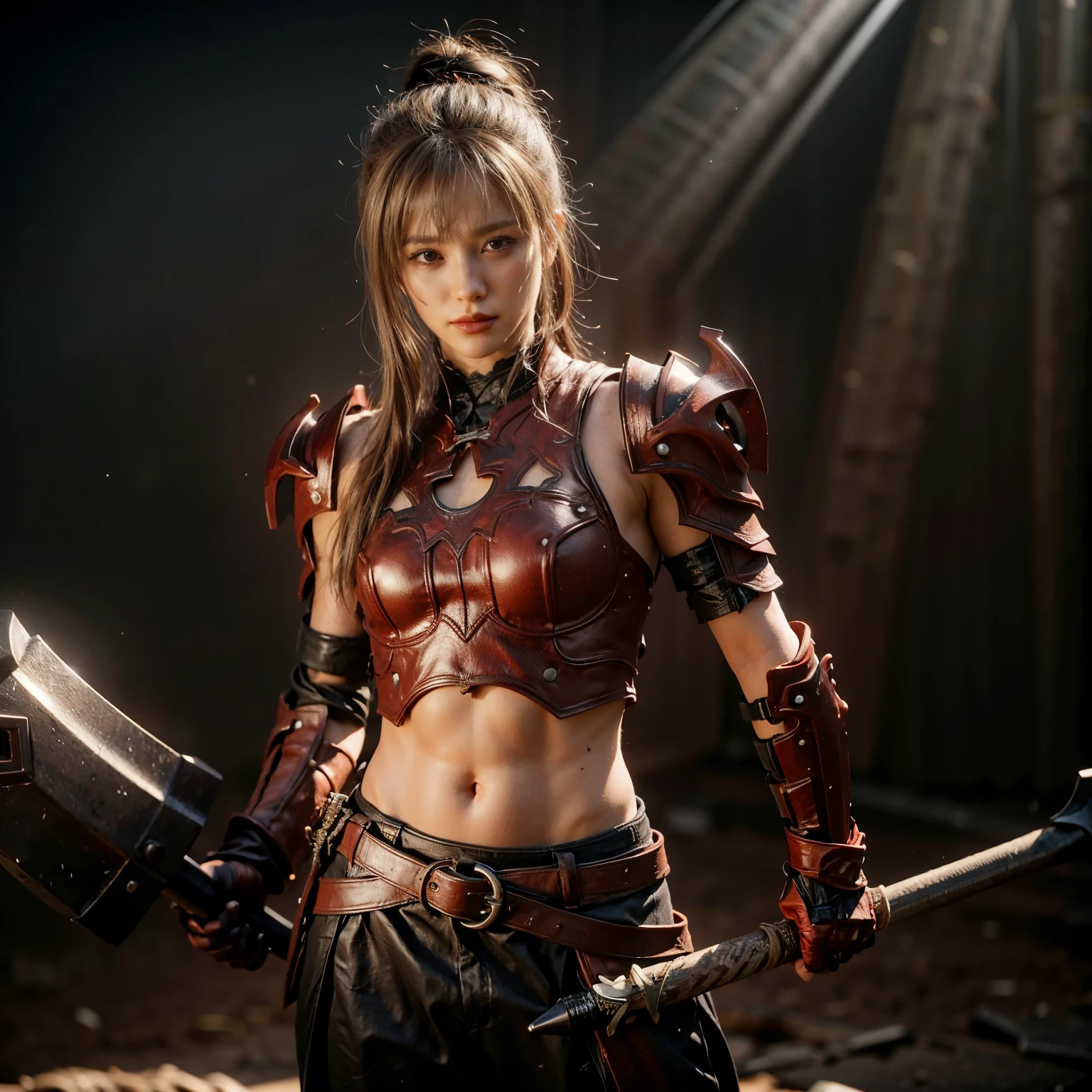 8k, best quality, highres, realistic, real person, A solitary warrior in a suspicious arena setting, without the demon lord. The warrior, lightly armored and with a sly smile, wields a large, ornately decorated axe. They have short red hair. The background is a mysterious and ominous arena, with a sense of danger and suspense. The lighting is dim and dramatic, enhancing the warrior's intense and cunning appearance.