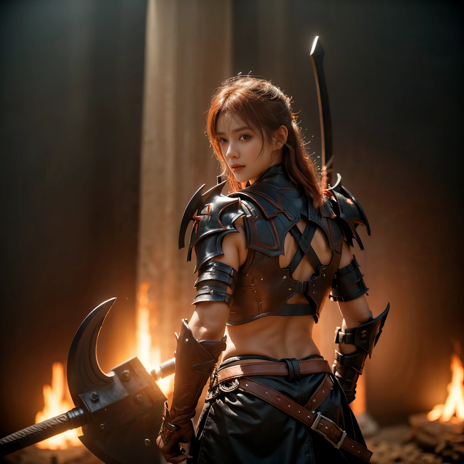 8k, best quality, highres, realistic, real person, A solitary warrior in a suspicious arena setting, without the demon lord. The warrior, lightly armored and with a sly smile, wields a large, ornately decorated axe. They have short red hair. The background is a mysterious and ominous arena, with a sense of danger and suspense. The lighting is dim and dramatic, enhancing the warrior's intense and cunning appearance.