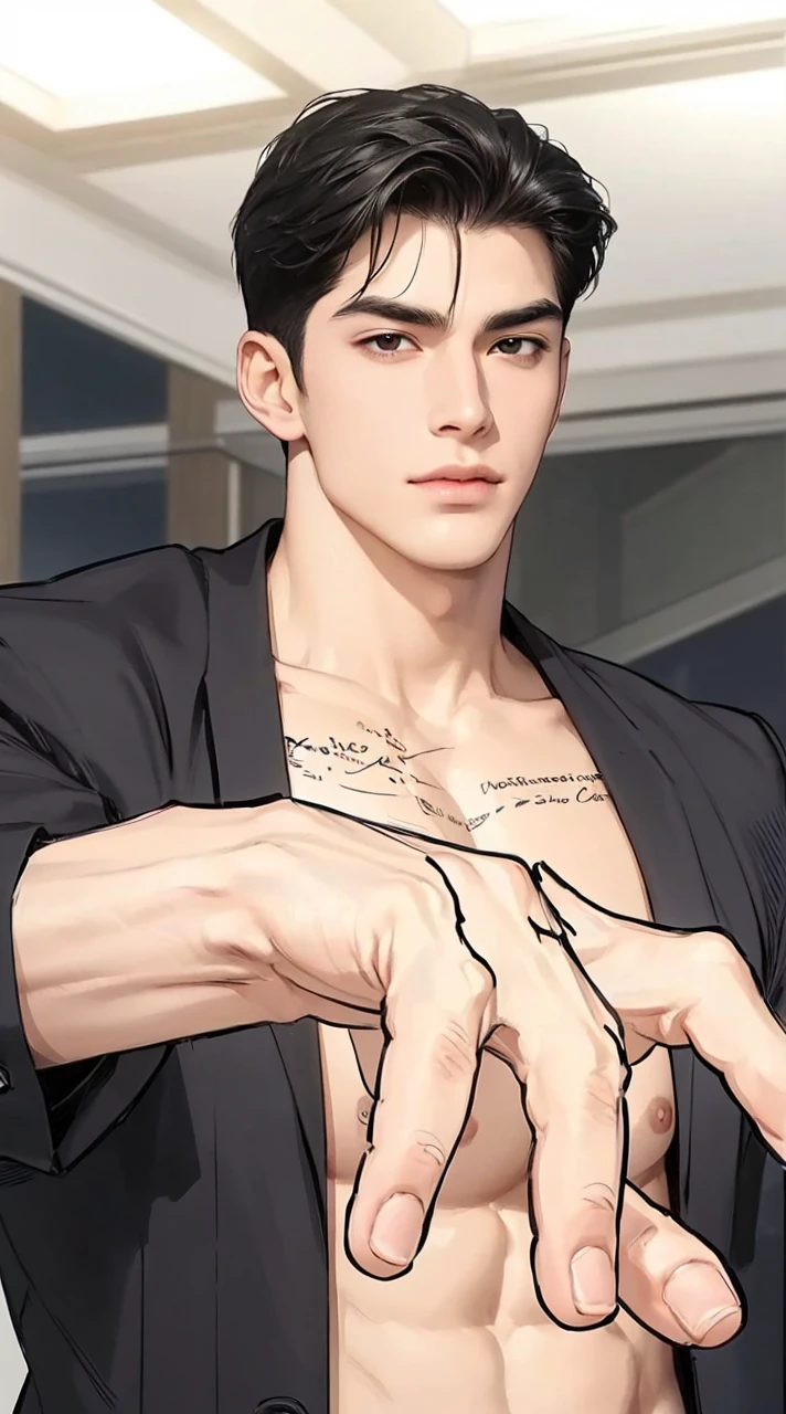 4k, high resolution, best quality, masterpiece, perfect color, perfect shade, perfect lighting, Posted by e621, ((portrait)), ((handsome man)), perfect male figure, Short hair details，chest muscles，abdominal muscles，Naked torso,  Detailed face, perfect face, (stood up), Detailed background, ((Bonifasco Lighting)), (black eyes),(), black hair,