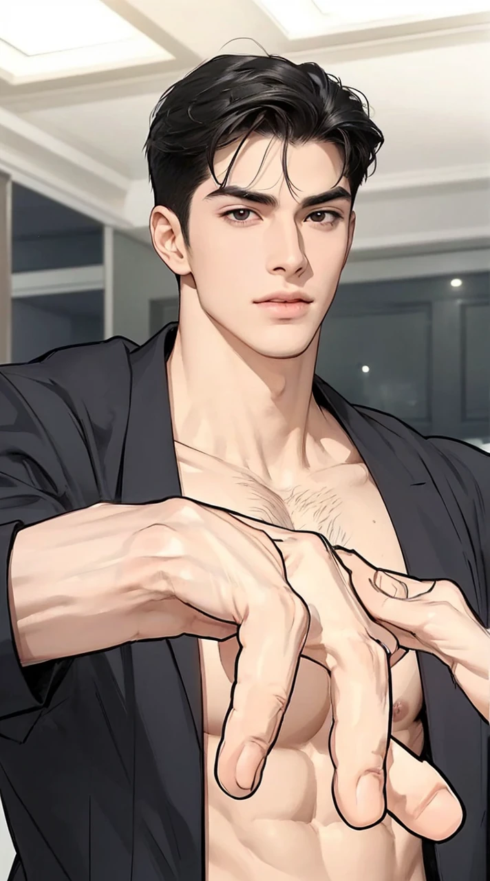 4k, high resolution, best quality, masterpiece, perfect color, perfect shade, perfect lighting, Posted by e621, ((portrait)), ((handsome man)), perfect male figure, Short hair details，chest muscles，abdominal muscles，Naked torso,  Detailed face, perfect face, (stood up), Detailed background, ((Bonifasco Lighting)), (black eyes),(), black hair,