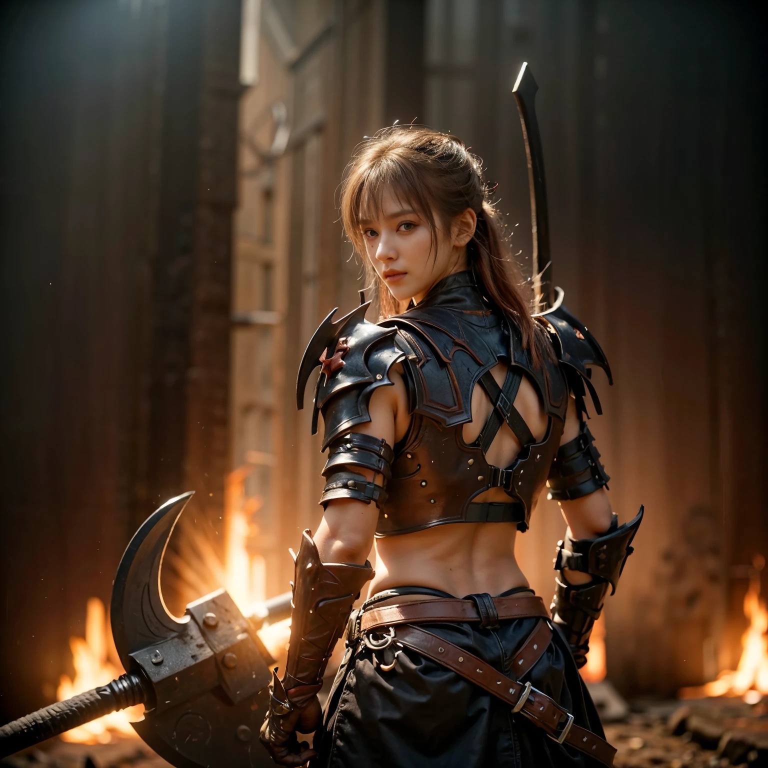 8k, best quality, highres, realistic, real person, A solitary warrior in a suspicious arena setting, without the demon lord. The warrior, lightly armored and with a sly smile, wields a large, ornately decorated axe. They have short red hair. The background is a mysterious and ominous arena, with a sense of danger and suspense. The lighting is dim and dramatic, enhancing the warrior's intense and cunning appearance.
