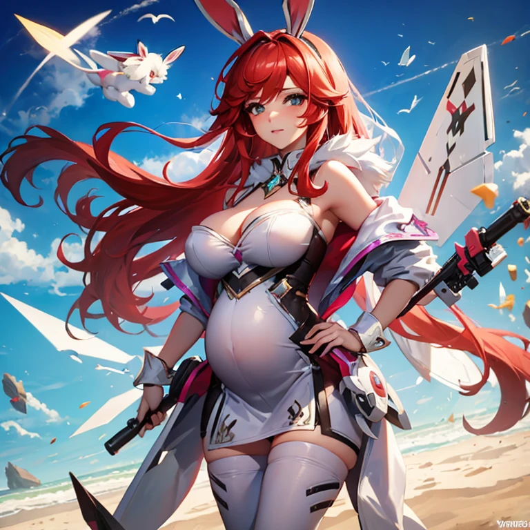 pregnant battle bunny miss Fortune, tight white ornate dress, red hair, cleavage, wants to have sex with me 