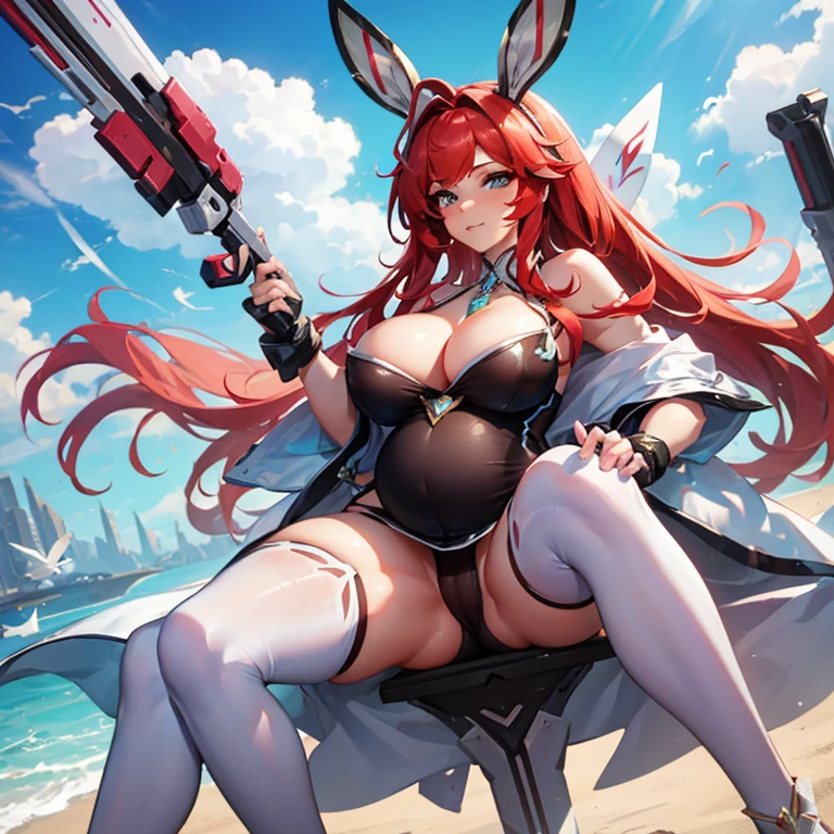  pregnant battle bunny miss Fortune, tight white ornate dress, red hair, cleavage, wants to have sex with me 