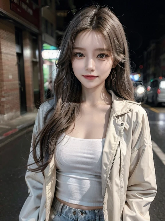 masterpiece, highest quality, High resolution,alone,Two-tone hair, Small earrings,artistic,Best lighting,casual,Flat Chest,Beautiful Face,expensive,smile,light makeup,nature,Age 24,Calm woman,Hair blowing in the wind,Blurred Background,Face Focus,Detailed Hair,Laughing woman,amount,Wavy Hair,amount,night,outside,office Street,clavicle,Pants Style,Woman wearing a jacket
