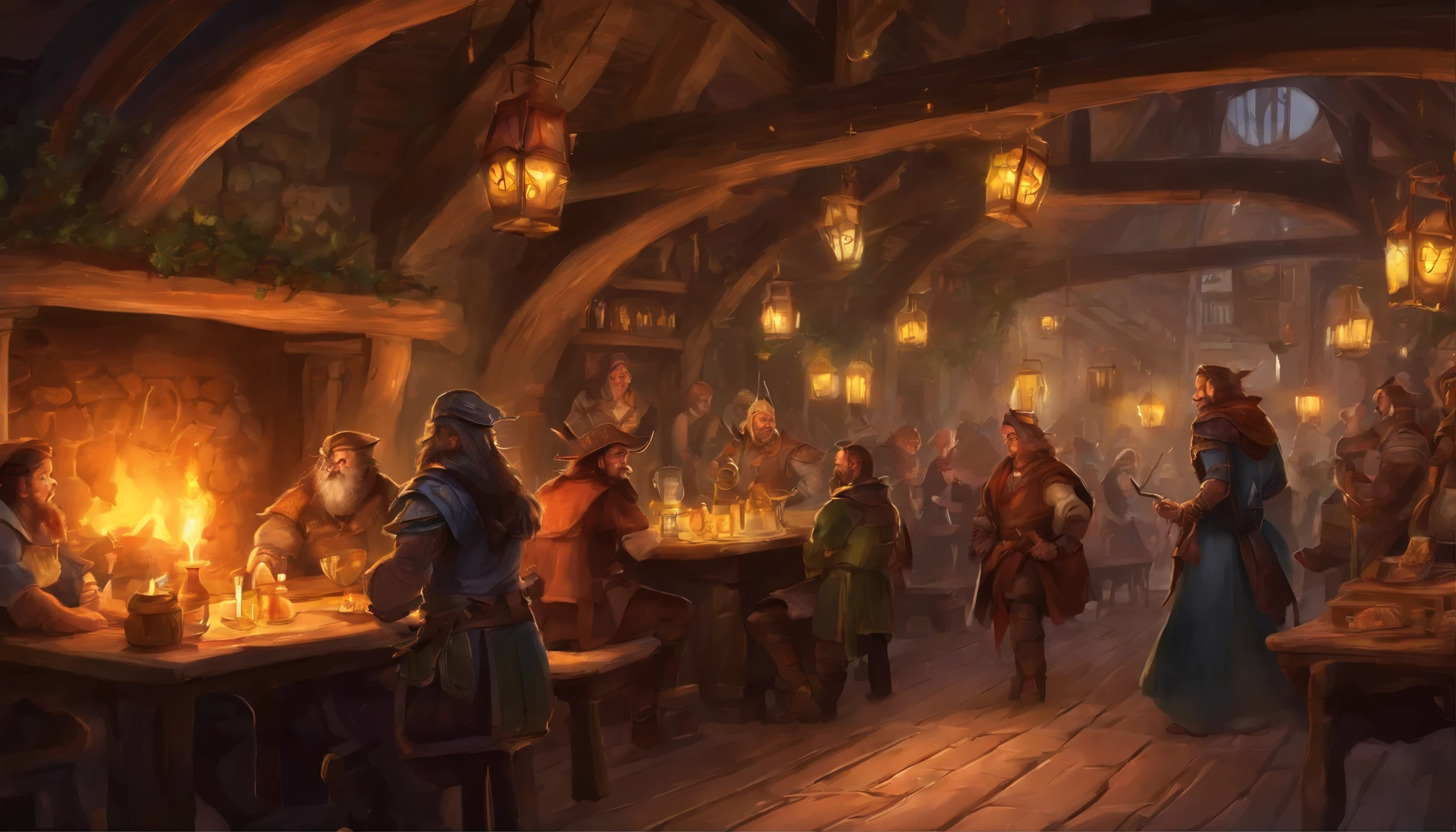 A busy tavern filled with lively patrons, overflowing mugs of ale, and the clinking sounds of laughter and conversation. The atmosphere is enchanting, with dimly lit lanterns hanging from the ceiling, casting a warm golden glow on the wooden tables and chairs. The walls are adorned with intricate tapestries depicting scenes from a D&D-style adventure, showcasing warriors battling fearsome monsters and wizards casting powerful spells. The air is filled with the scent of hearty meals being prepared in the bustling kitchen, tempting the taste buds of those enjoying their drinks. In a corner of the tavern, a group of adventurers huddle around a table, strategizing their next quest and rolling dice in a friendly game of chance. They are dressed in distinct fantasy attire, adorned with mystical artifacts and weapons, their elaborate costumes catching the eye of fellow patrons. The tavern keeper, a jovial and wise old man, tends to the needs of the guests with a smile and a twinkle in his eye, Conceptual art, sparkle, move chart, pov