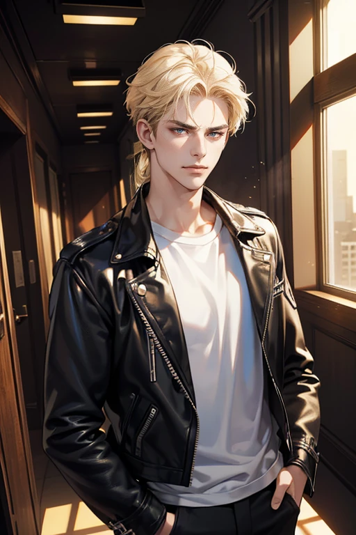 (tmasterpiece, high resolution, ultra - detailed:1.0), (1 boy, Young male, masculine face), Perfect male body, Adult male, Delicate eyes and delicate face, Extremely detailed CG, Unity 8k wallpaper, Complicated details, Detailed face, (blond hair, messy hair, serious faces, white T-shirt,Bad students), (frown,evil smile:1.3), hand in pocket, school corridor,black leather jacket, color difference, Depth of field, dramatic shadow, Ray tracing, Best quality, Cinematic lighting, offcial art,Portrait