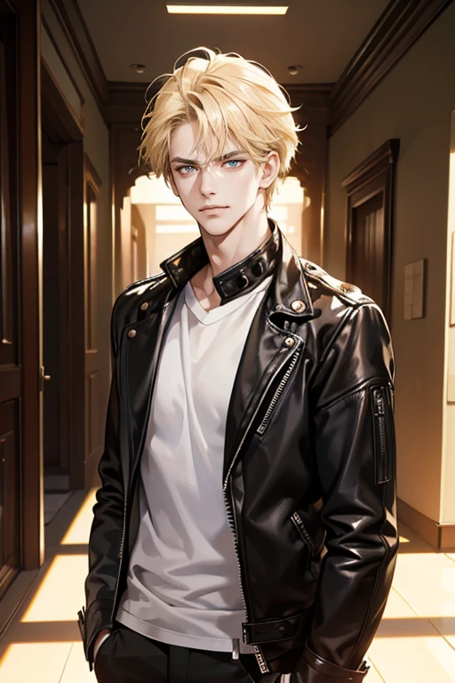 (tmasterpiece, high resolution, ultra - detailed:1.0), (1 boy, Young male, masculine face), Perfect male body, Adult male, Delicate eyes and delicate face, Extremely detailed CG, Unity 8k wallpaper, Complicated details, Detailed face, (blond hair, messy hair, serious faces, white T-shirt,Bad students), (frown,evil smile:1.3), hand in pocket, school corridor,black leather jacket, color difference, Depth of field, dramatic shadow, Ray tracing, Best quality, Cinematic lighting, offcial art,Portrait