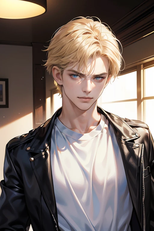 (tmasterpiece, high resolution, ultra - detailed:1.0), (1 boy, Young male, masculine face), Perfect male body, Adult male, Delicate eyes and delicate face, Extremely detailed CG, Unity 8k wallpaper, Complicated details, Detailed face, (blond hair, messy hair, serious faces, white T-shirt,Bad students), (frown,evil smile:1.3), hand in pocket, school corridor,black leather jacket, color difference, Depth of field, dramatic shadow, Ray tracing, Best quality, Cinematic lighting, offcial art,Portrait