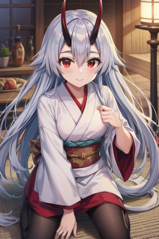 Masterpiece, best quality, tomoe gozen, torino style, 1person, red eyes, cute smile, hair between eyes, silver hair, very long hair, oni horns, looking at viewer, long kimono, long sleeves, pantyhose