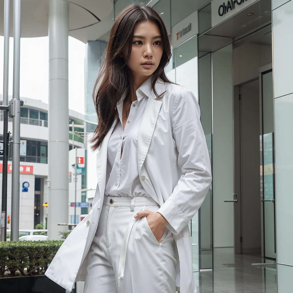 Female supermodel. Singapore Chinese. Orchard Road, Singapore. White doctor coat. White formal shirt. Black trousers. Close-up.