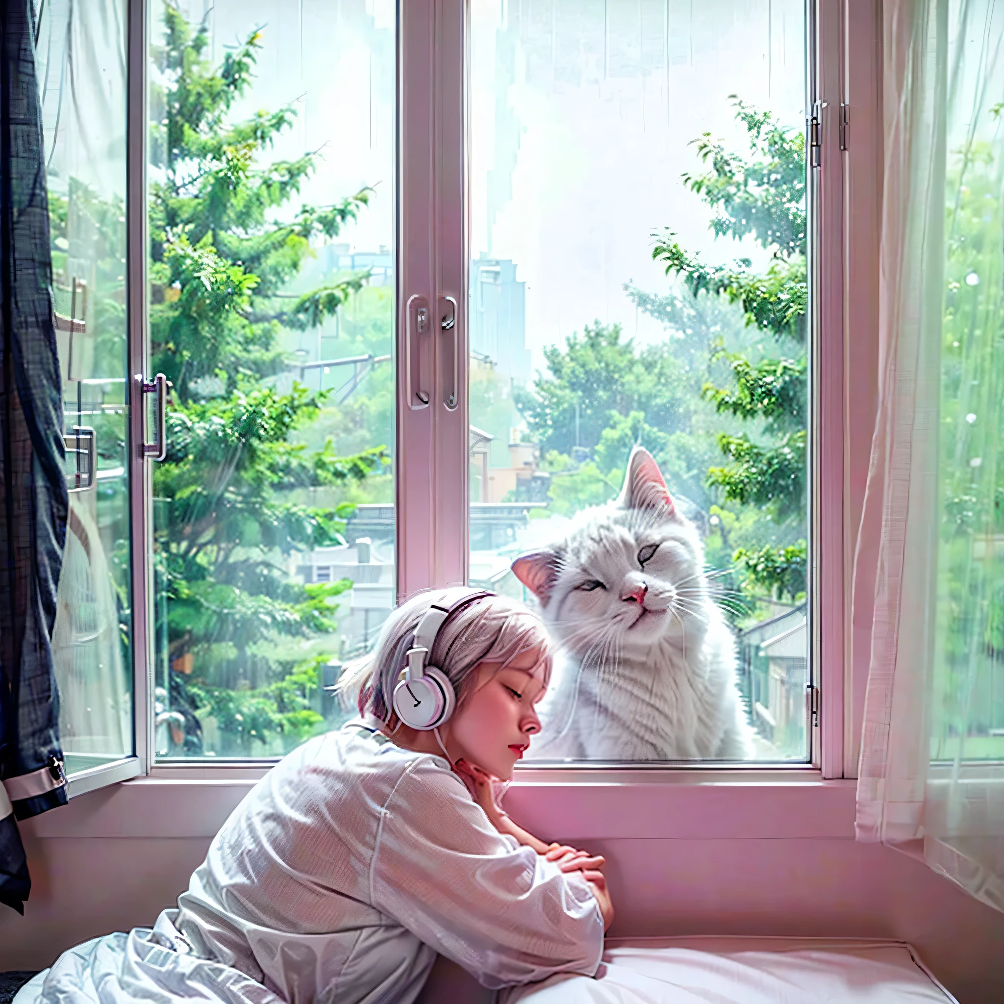 It was raining. There was a woman sitting at the window. She was wearing headphones listening to music. Looking outside the window. Next to her  a white cat sleeping .