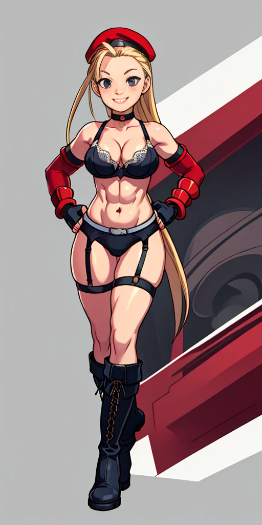 (Masterpiece, 4k, plain background:1.2) Female Cammy White Street Fighter red gloves gauntlets full body standing straight symmetrical feet together looking to the viewer, 2 crossing big belt under belly button, navel, abs, garter straps belts, bra big knockers, view from below, wide hips, thick thighs legs apart from below depth range, smile red cheeks, long messy hair, leather collar choker, high boots bootstraps, sleeves, stockings) ((hands on hips))