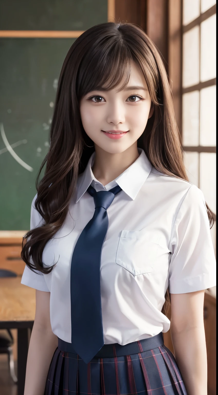 masterpiece, highest quality, masterpiece, highest quality, Official Art ,Highly detailed CG Unity 8k wallpaper, (Long Hair、huge 、Japanese 、Collared shirt、tie、Mature、Short pleated skirt), (muscle:1.2), Vaginal, One Girl,smile,classroom,cute