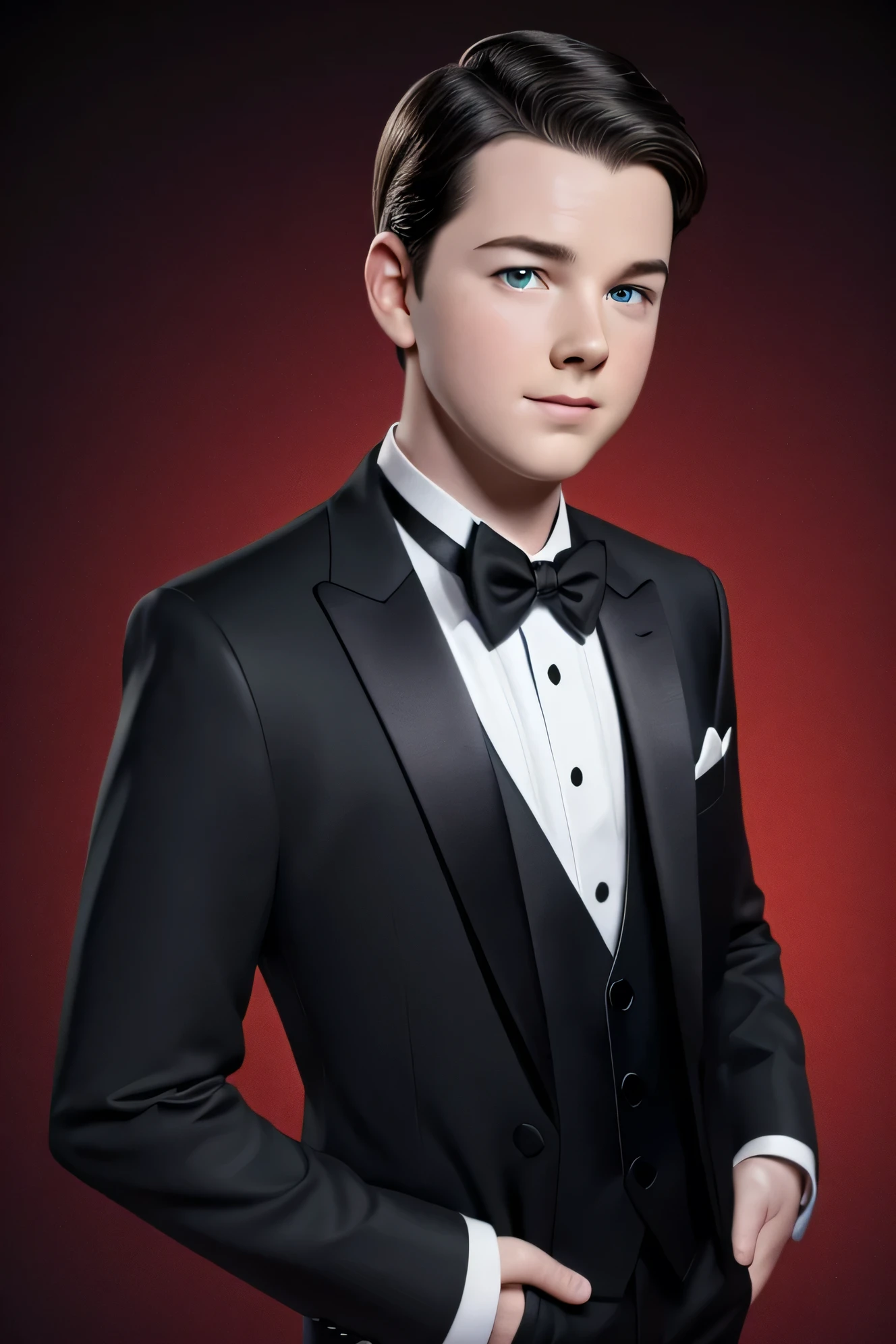 Young Sheldon, American Actor, detailed representation of the face, detailed background, random pose, wearing his signature tuxedo, high resolution, detailed random colorful background, light background
