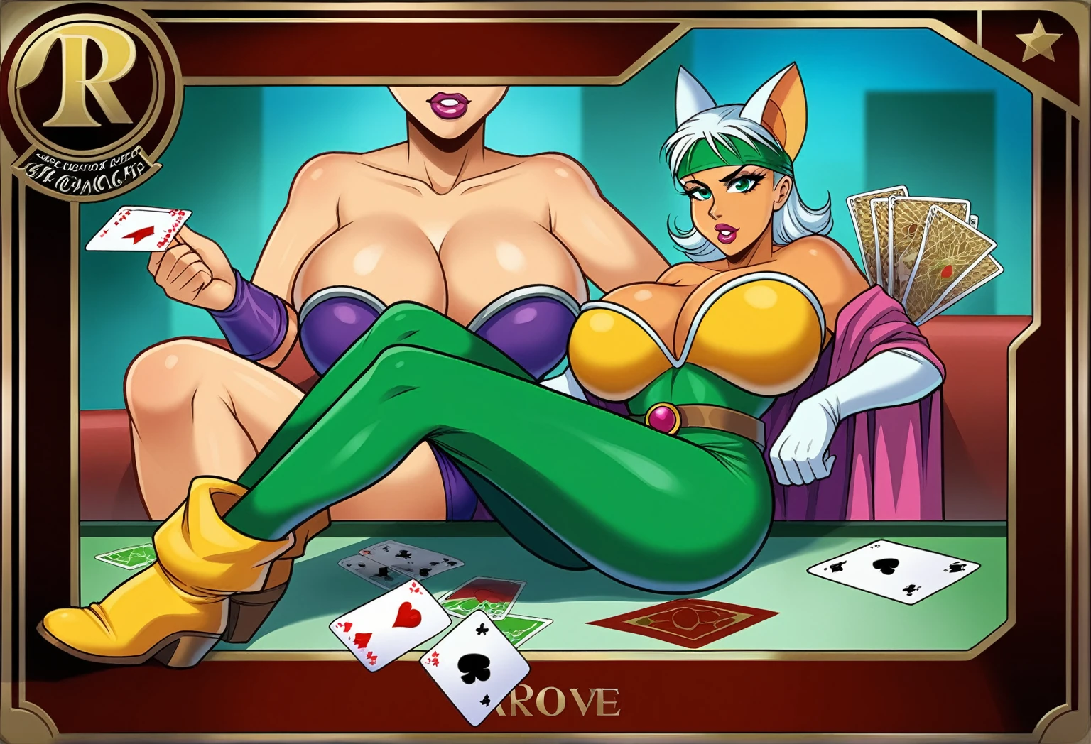 Rouge, 1 person, Classic, Superhero, Rogue, Xtreme, looking at viewer, large breasts, boots, parted lips, belt, lips, headband, lipstick, card, playing card, spade, (shape), dyed bangs, green bodysuit, EarthPorcelain, 