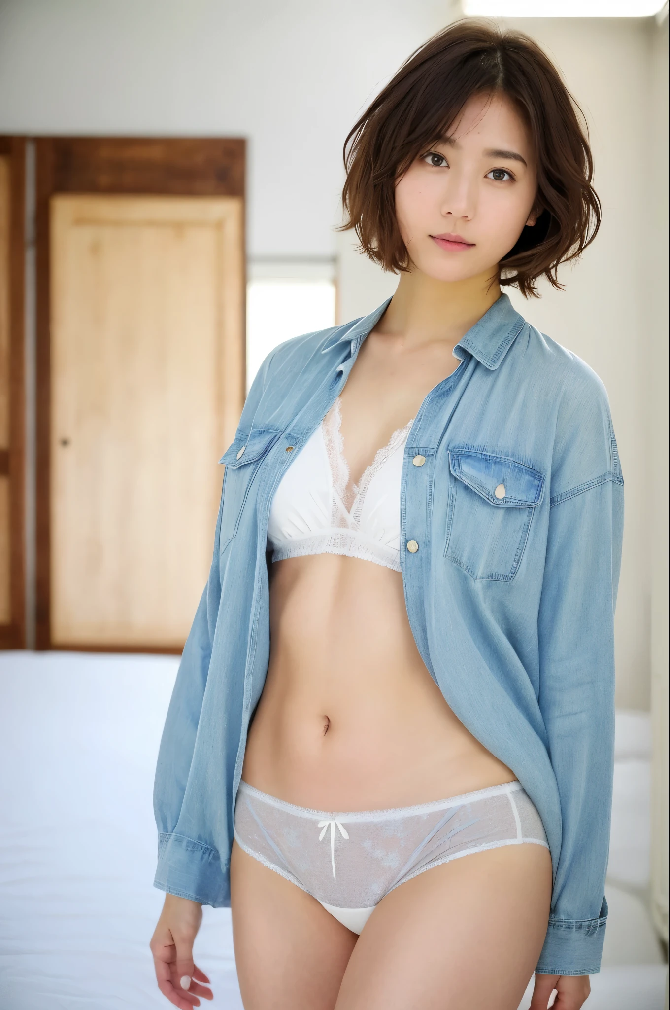 (((1girl、solo、)))(Highest quality,High resolution),(Realistic),short hair,Detailed face,Delicate and beautiful eyes,Beautiful lips,panties,Warrior,With confidence、Supple Pose,Backrooms,Bright colors,Studio Lighting,Healthy Body,((Anatomically correct)),Cool Beauty,Curvaceous、Thighs、Thighs,Minami Kojima,Open shirt,Cool Beauty