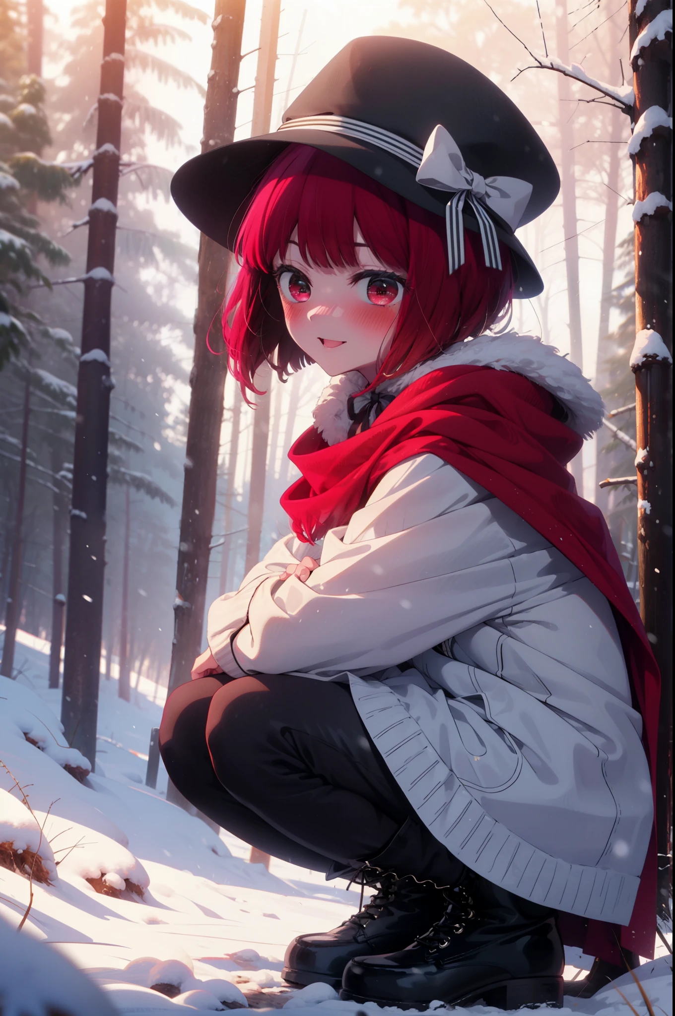 canary, Arima etc.., short hair, bangs, (Red eyes:1.3), Redhead, Bobcut, smile,Small breasts,
break hat, dress, ribbon,hair band,smile,blush,White Breath,
Open your mouth,snow,Ground bonfire, Outdoor, boots, snowing, From the side, wood, suitcase, Cape, Blurred, , forest, White handbag, nature,  Squat, Mouth closed, Cape, winter, Written boundary depth, Black shoes, red Cape break looking at viewer, Upper Body, whole body, break Outdoor, forest, nature, break (masterpiece:1.2), highest quality, High resolution, unity 8k wallpaper, (shape:0.8), (Beautiful and beautiful eyes:1.6), Highly detailed face, Perfect lighting, Highly detailed CG, (Perfect hands, Perfect Anatomy),