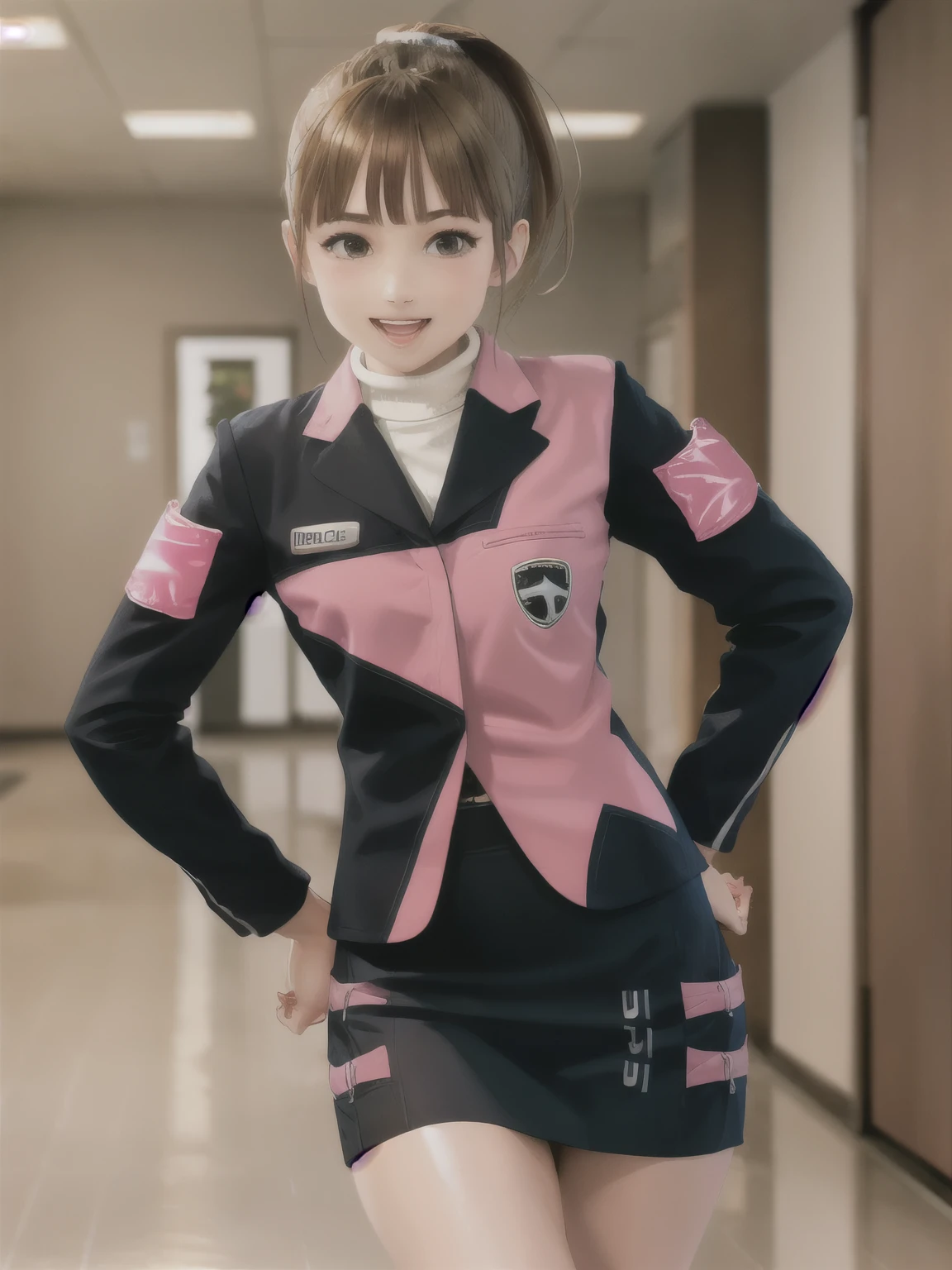 ((masterpiece,highest quality)),realistic,Big 、real photo、 (Highly detailed CG), (Ray Tracing) (highest quality), Perfect Face, Shiny skin, Shiny skin, , Depth of written boundary,Wide Hips, Tight waist, Umeko, Brown Hair, skirt, ponytail, Jacket, boots, pencil skirt, uniform, Brown eyes, Long sleeve, short hair, Black footwear, star (symbol), blush, bangs, Armband,indoor,Hands on hips, :d