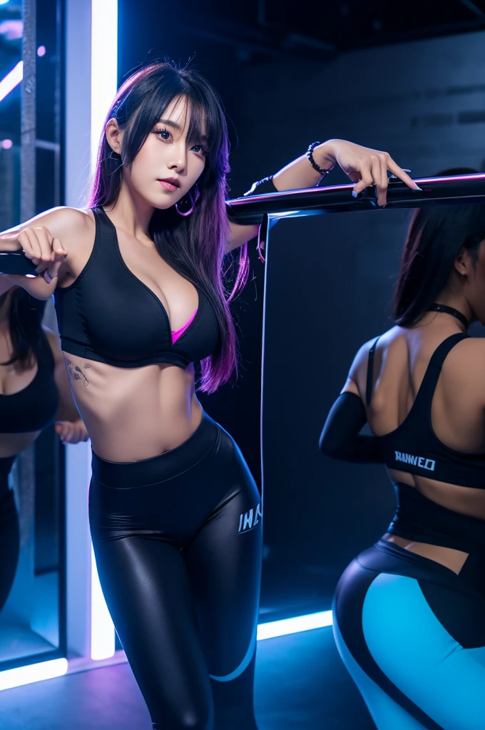 Realistic Skin, highest quality, clarity, 4K, 8k, detailed, Actual, Girl with tattoo, Korean Makeup, Black Lips, Pink and blue medium mullet hair, Perfect six pack body, stand, pose standing, Mid-chest, dark blazer top, Black leggings pants, Solid graffiti wall background, Graffiti art,