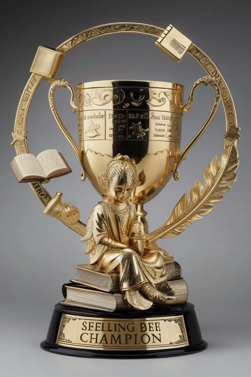 A stunning photographgraph of a golden trophy, Elaborately designed for the spelling bee. Trophy for young, Sitting on books and laughing, In words "Spelling Bee Champion" Elegantly engraved on the base. The trophy itself is adorned with intricate carvings.、Surrounded by a circle of spell related items。, Dictionaries, etc., Quill pen, And an open book. The overall design is attractive and inspiring., Celebrating the joy of literacy and achievement., photograph