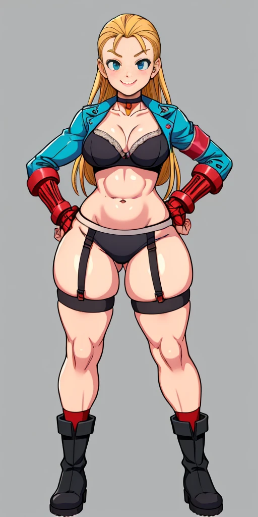 (Masterpiece, 4k, plain background:1.2) Female Cammy White Street Fighter red gloves gauntlets full body standing straight symmetrical feet together looking to the viewer, 2 crossing big belt under belly button, navel, abs, garter straps belts, bra big knockers, view from below, wide hips, thick thighs legs apart from below depth range, smile red cheeks, long messy hair, leather collar choker, high boots bootstraps, sleeves, stockings) ((hands on hips))