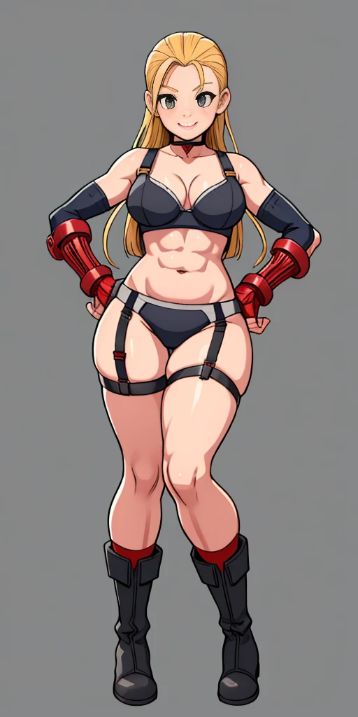 (Masterpiece, 4k, plain background:1.2) Female Cammy White Street Fighter red gloves gauntlets full body standing straight symmetrical feet together looking to the viewer, 2 crossing big belt under belly button, navel, abs, garter straps belts, bra big knockers, view from below, wide hips, thick thighs legs apart from below depth range, smile red cheeks, long messy hair, leather collar choker, high boots bootstraps, sleeves, stockings) ((hands on hips))