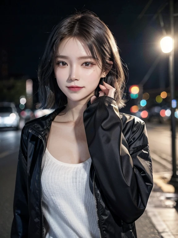 masterpiece, highest quality, High resolution,alone,Two-tone hair, Small earrings,artistic,Best lighting,casual,Flat Chest,Beautiful Face,expensive,smile,light makeup,nature,Age 24,Calm woman,Hair blowing in the wind,Blurred Background,Face Focus,Detailed Hair,Laughing woman,amount,short hair,amount,night,outside,office Street,clavicle,Pants Style,Woman wearing a jacket,Woman with hands near her face