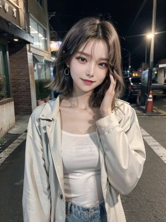 masterpiece, highest quality, High resolution,alone,Two-tone hair, Small earrings,artistic,Best lighting,casual,Flat Chest,Beautiful Face,expensive,smile,light makeup,nature,Age 24,Calm woman,Hair blowing in the wind,Blurred Background,Face Focus,Detailed Hair,Laughing woman,amount,short hair,amount,night,outside,office Street,clavicle,Pants Style,Woman wearing a jacket,Woman with hands near her face