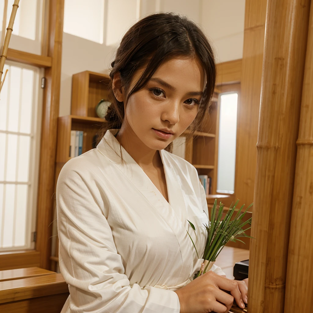 Female supermodel. White Kimono. Bamboo. Study room. Close-up.