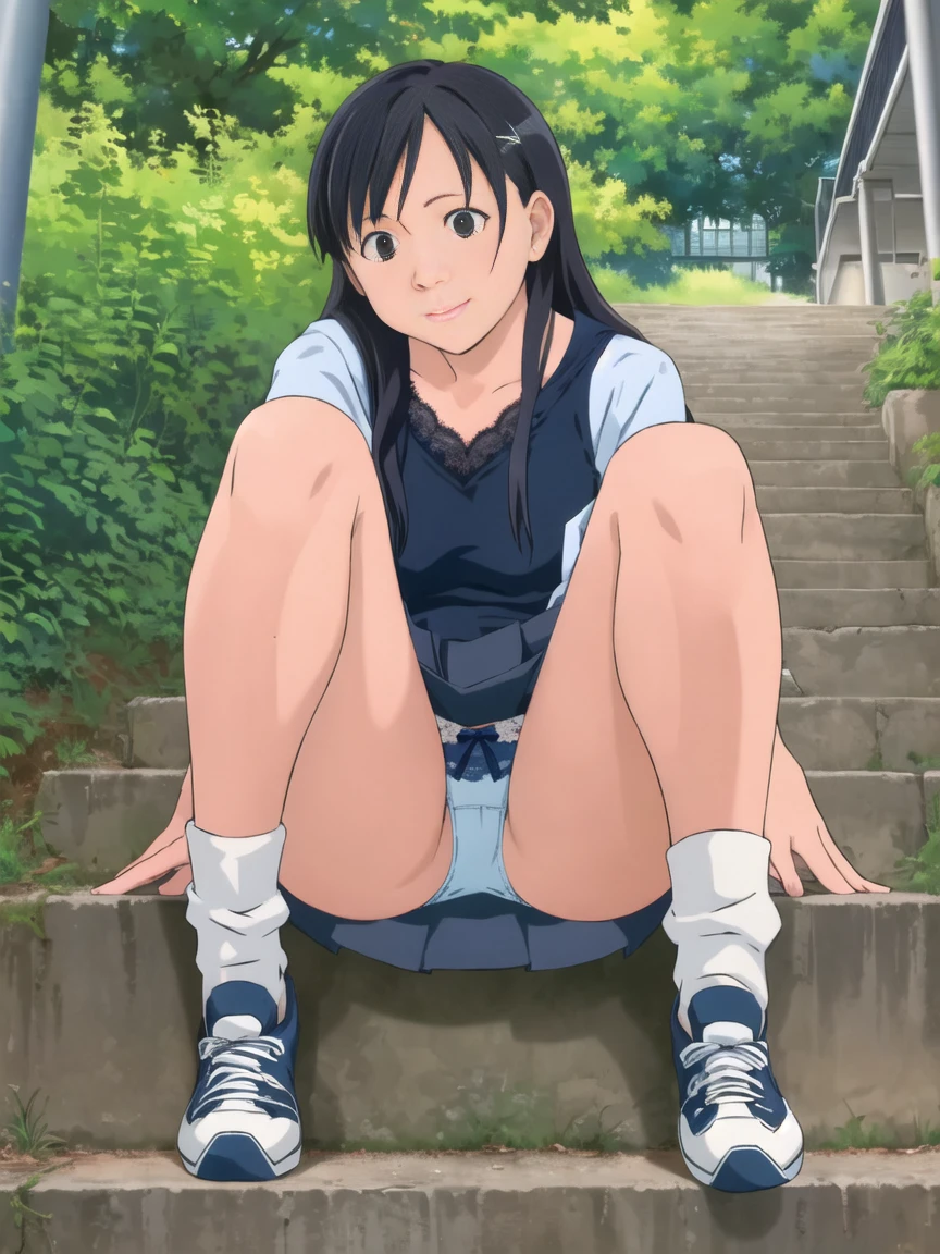highest quality, Ultra-high resolution, (Realistic: )2D official style cel animation,((Sitting Girl))Navy blue mini skirt,Summer Shirts,(Lace panties),loose socks,sneakers,Full body portrait,(Chiyoko Sonoda),Station stairs,sunny,Embarrassed face,from the front
