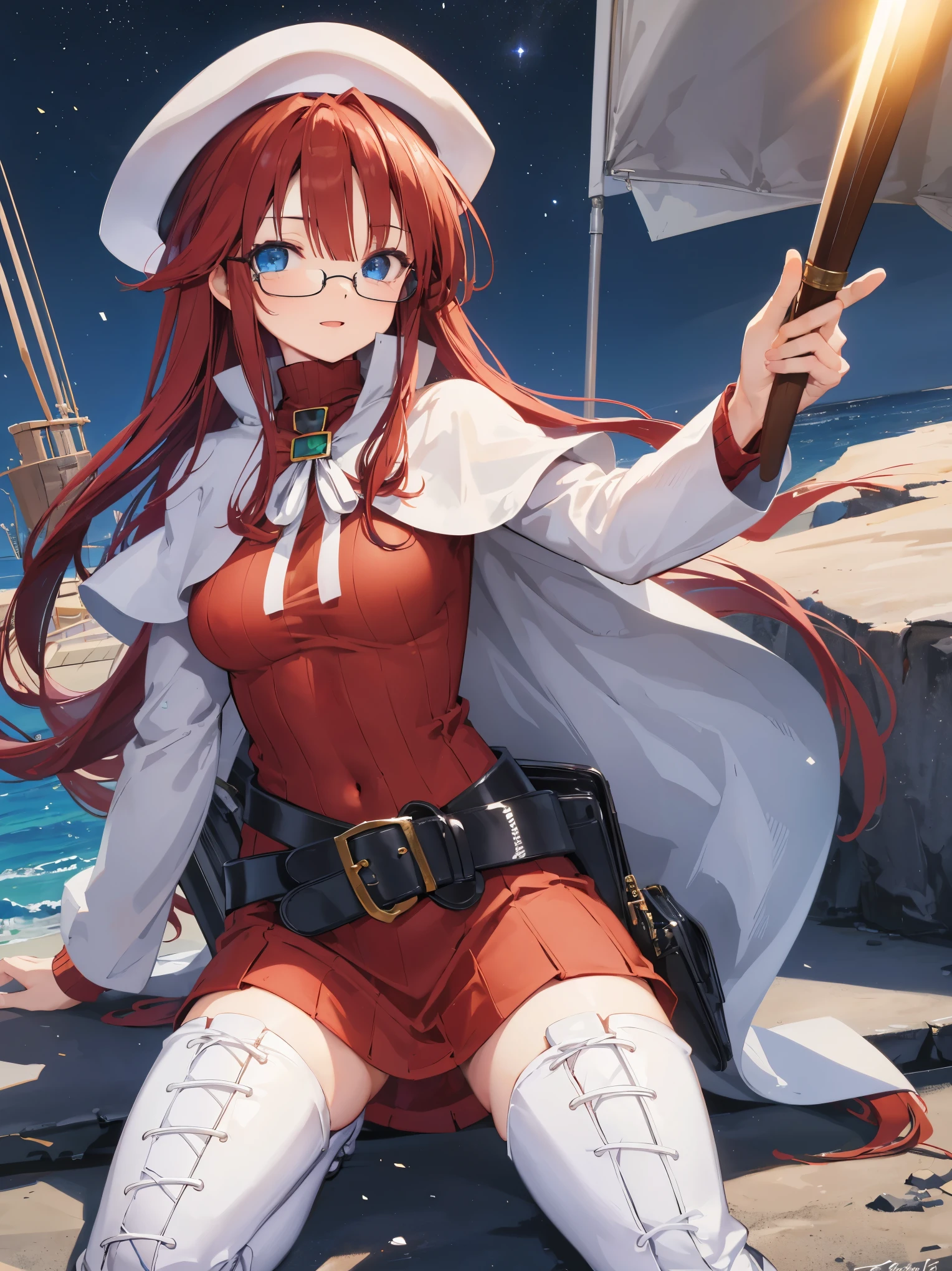summonnightaty, aty, (young:1.3),long hair, blue eyes, red hair, large_beret, hat, glasses,
BREAK long hair, thighhighs, hat, dress, boots, glasses, belt, cape, sweater, zettai ryouiki, beret, thigh boots, white footwear, ribbed sweater, loose belt,solo,
BREAK outdoors, fantasy,on_cobblestone
,,Highquality_hads,perfect_fingers,
BREAK (masterpiece:1.2), best quality, high resolution, unity 8k wallpaper, (illustration:0.8), (beautiful detailed eyes:1.6), extremely detailed face, perfect lighting, extremely detailed CG, (perfect hands, perfect anatomy),covered_nipples,covered_navel ,half_eyes:,long_sword,armpit,sleepy,dynamic_fighting_pose,barrel,red_sweater,apart_legs,magical_effect,spread_legs, have_a_book,rise_knee,angry,open_mouth,rise_hand,shout,