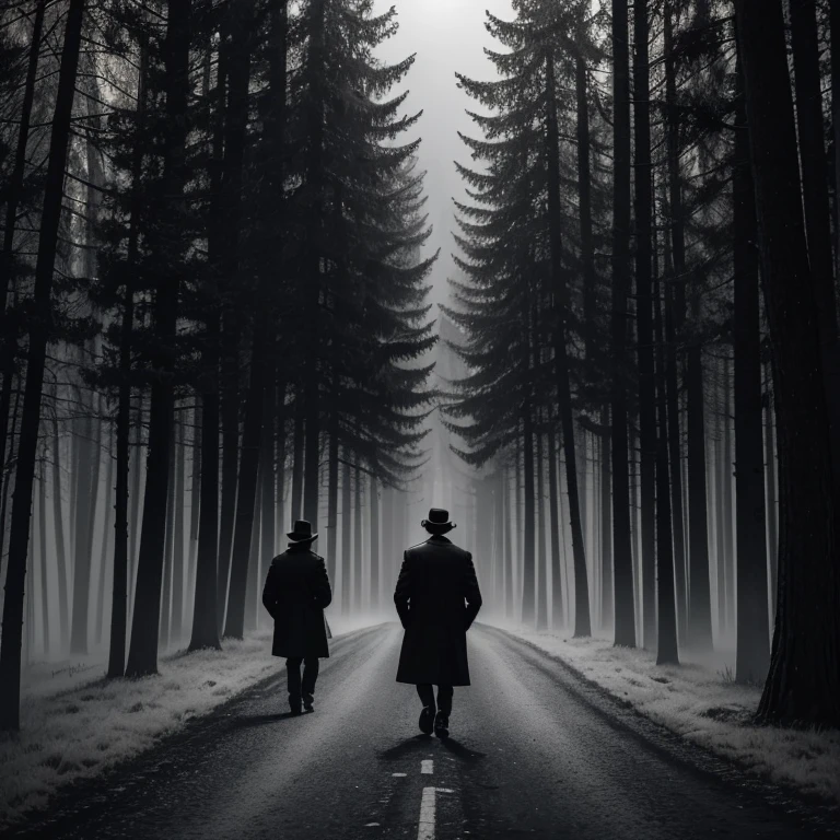 (Best quality, black and white:1.2), Man with a black coat and hat, walking on a road facing away in the middle of a forest at night, detailed texture of the coat and hat, moonlit shadows, misty atmosphere, dead leaves on the ground, tall trees surrounding the road, eerie silence, a book on the road closed is closed and have a leather binding