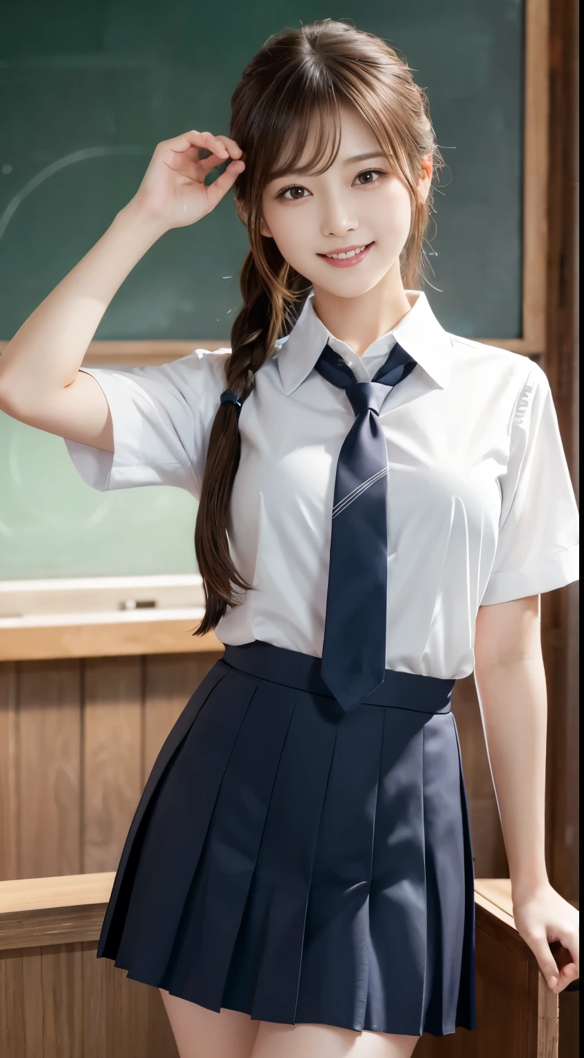 masterpiece, highest quality, masterpiece, highest quality, Official Art ,Highly detailed CG Unity 8k wallpaper, (Long Hair、Huge 、Japanese 、Collared shirt、tie、mature、Short pleated skirt), (logic:1.2), Vaginal, One Girl,smile,classroom,cute,Ponytail Hair,Random and cute poses,