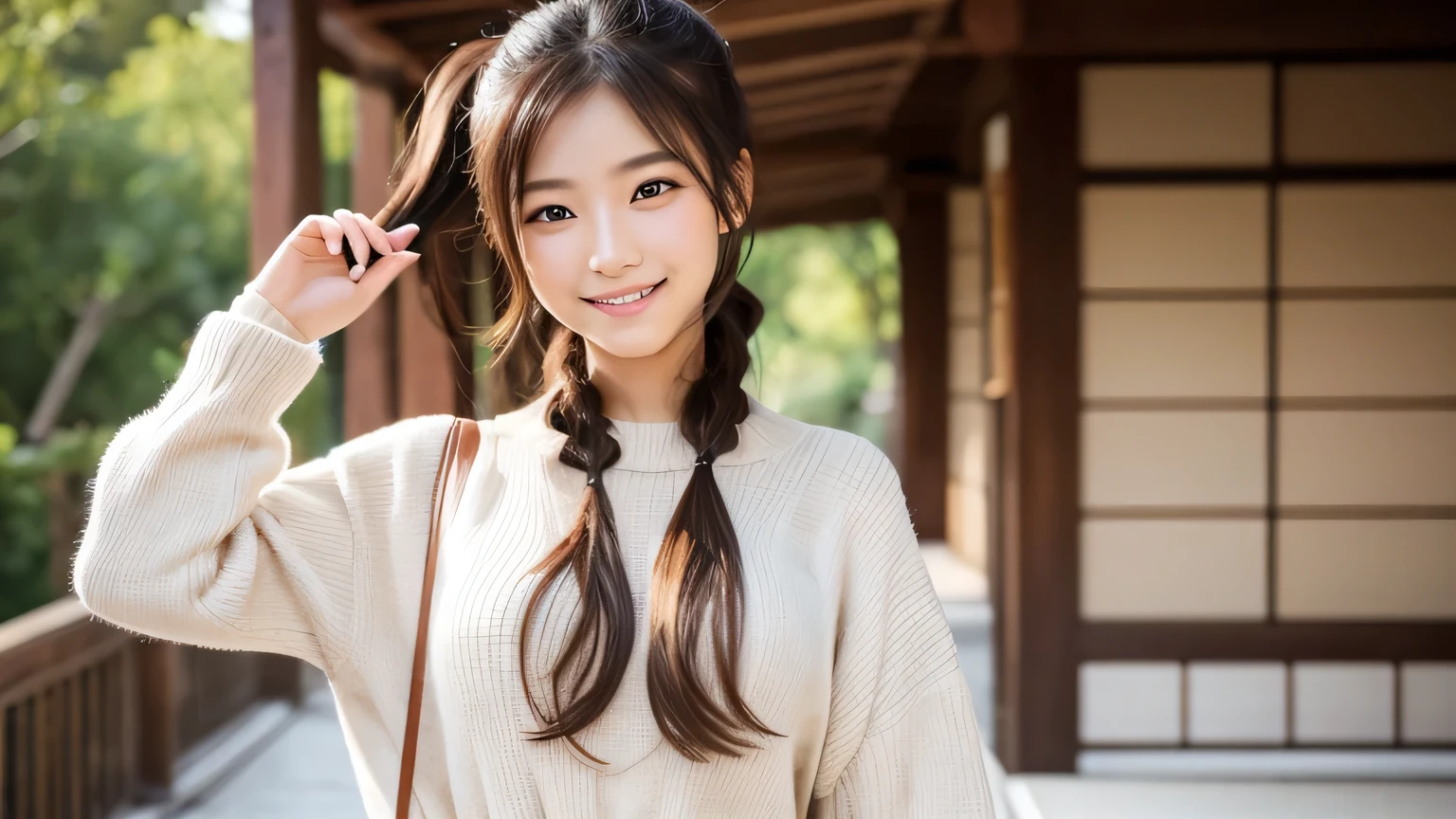 Produce the highest quality and highest resolution 8K images。The model is a 20-year-old Japanese woman.。She has brown eyes and a model figure.、She has an idol-level cute face.。The hair is in a ponytail。Skin has a healthy color。Clothes、6Dressed for the month。She is smiling and posing for the camera。