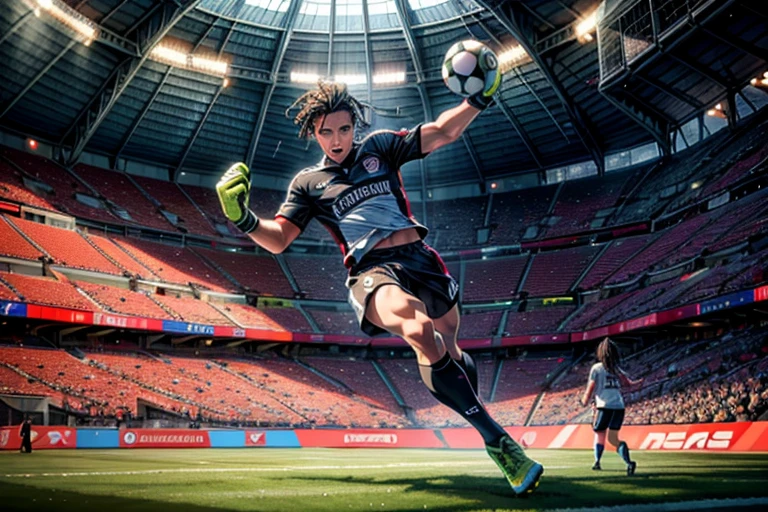 (best quality, 4k, 8k, high resolution, masterpiece: 1.2), ultra detailed, (realistic, photorealistic, photorealistic: 1.37),(best quality, highres, vivid colors), soccer game, energetic players, passionate fans, intense competition, stadium lights, dynamic movement, powerful kicks, precise passes, strategic tactics, thrilling goals, celebratory cheers, dribbling skills, goalie saves, referee whistle, team jerseys, stadium atmosphere, cheering crowd, grass field, cheering supporters, adrenaline rush, braids, braided hair