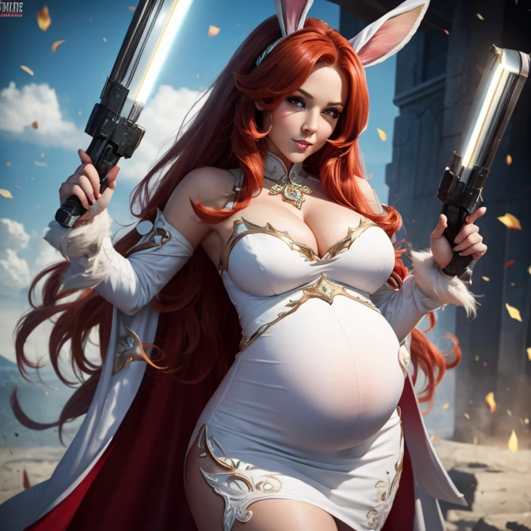  pregnant battle bunny miss Fortune, fancy tight white ornate dress, red hair, cleavage, wants to have sex with me 