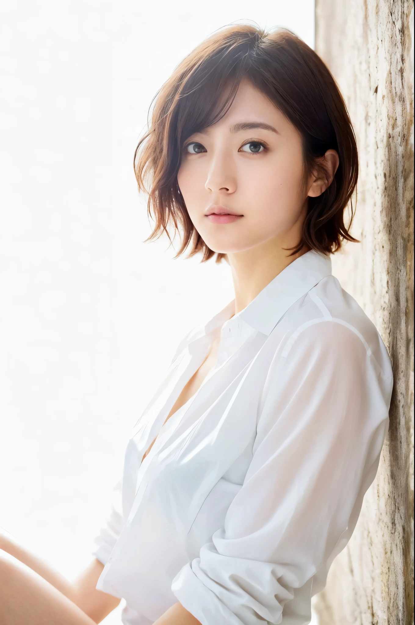 (((、solo、)))(Highest quality,High resolution),(Realistic),short hair,Detailed face,Delicate and beautiful eyes,Beautiful lips,Warrior,With confidence、Supple Pose,Edgy backgrounds,Bright colors,Studio Lighting,Healthy Body,((Anatomically correct)),Cool Beauty,Curvaceous、Thighs、Thighs,Minami Kojima,Color open shirt,From the side, Cool Beauty