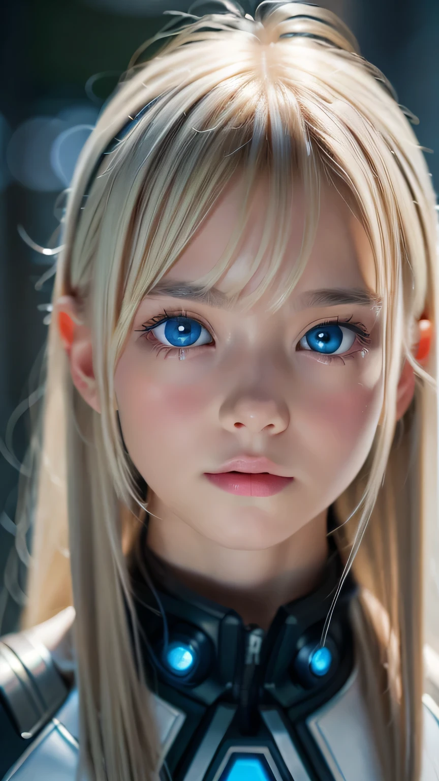 highest quality、8k Masterpiece、Ultra-high resolution、(Realistic:1.3)、RAW Photos、 Scandinavian girl with shiny blonde hair、Silvery blonde hair、Super long straight hair、目とBangs between the eyes、bangs on the face、Bangs that cover the eyes、片Bangs that cover the eyes、Bangs between the eyes、White and glowing skin、1. Cyberpunk Super Beautiful Soldier、((Ultra-Realistic Details))、Portraiture、Global Illumination、Shadow Realm、Octane Rendering、8k、Ultra Sharp、Metal、Cool colors、、Very intricate detail、Realistic Light、Trends of the CG Association、so beautiful, Big bright blue eyes、Very big eyes、Eyes shining at the camera、Neon Details、Small Face Beauty、Round face、Cheek highlight