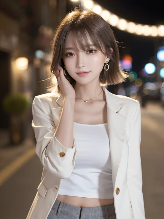masterpiece, highest quality, High resolution,alone,Two-tone hair, Small earrings,artistic,Best lighting,casual,Flat Chest,Beautiful Face,expensive,smile,light makeup,nature,Age 24,Calm woman,Hair blowing in the wind,Blurred Background,Face Focus,Detailed Hair,Laughing woman,amount,short hair,amount,night,outside,office Street,clavicle,Pants Style,Woman wearing a jacket,Woman with hands near her face